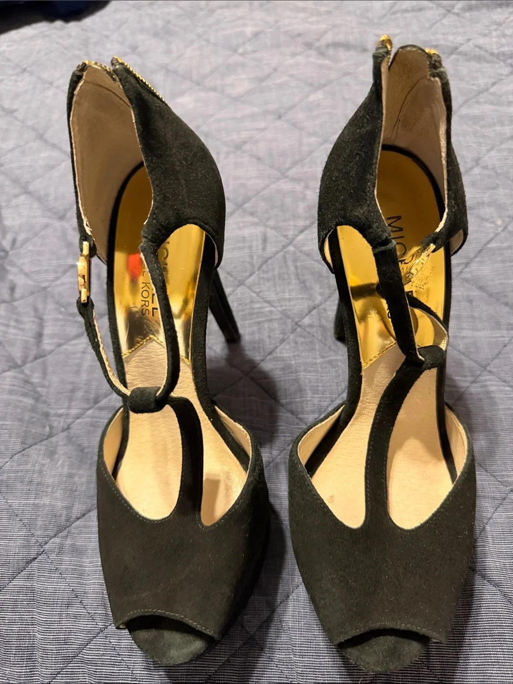 Michael Kors Black Suede T-Strap Peep-Toe Heels with Gold Accents
